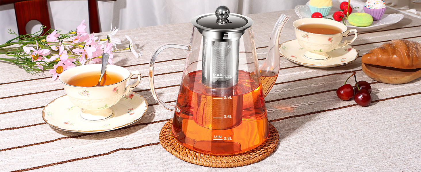 Скляний чайник з ситом 1200-1500 мл з боросилікатного скла з мірною шкалою для листового чаю та чайних квітів, подарунковий набір