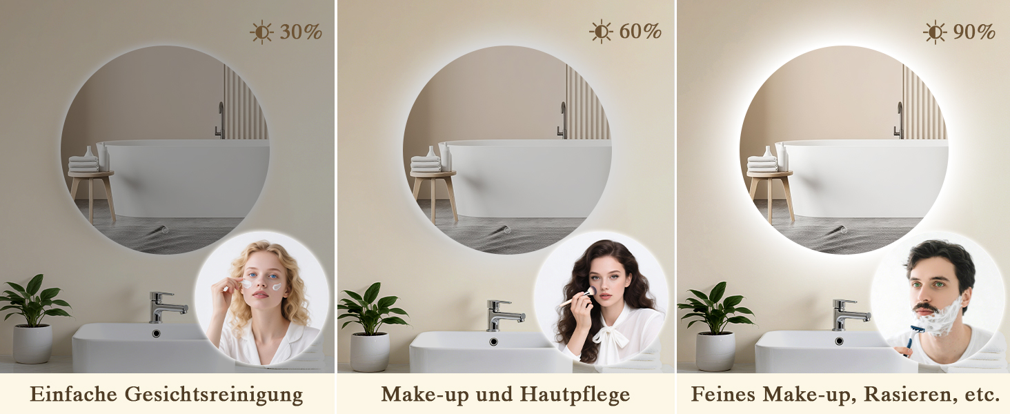 Дзеркало для ванної кімнати з підсвічуванням LED, антизапотівання, сенсорне управління, регулювання яскравості, 3 кольори світла, функція пам'яті, захист від вибуху, кругле дзеркало 50 см (діаметр), 60x60 см (розміри)