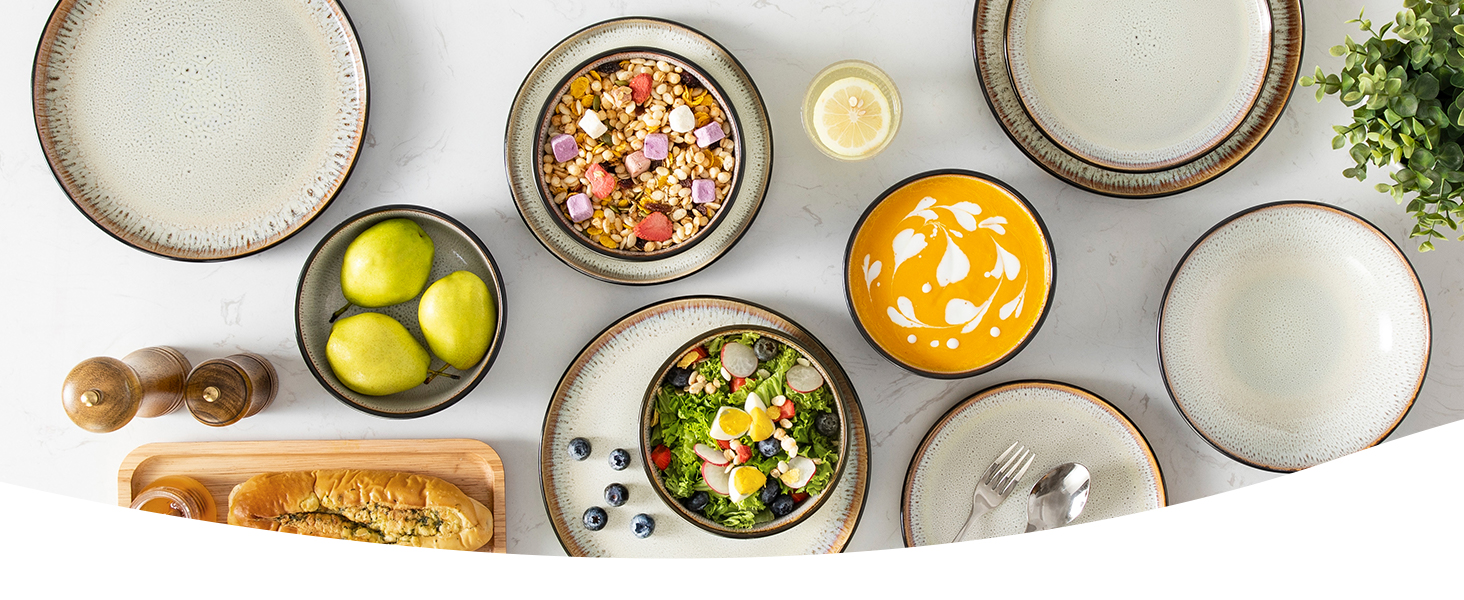 Набір посуду Steingut 24 шт. vancasso AMBER: 6 обеденних, десертних та супових тарілок, супові миски, реактивна глазур, безпечний для миття в посудомийній машині