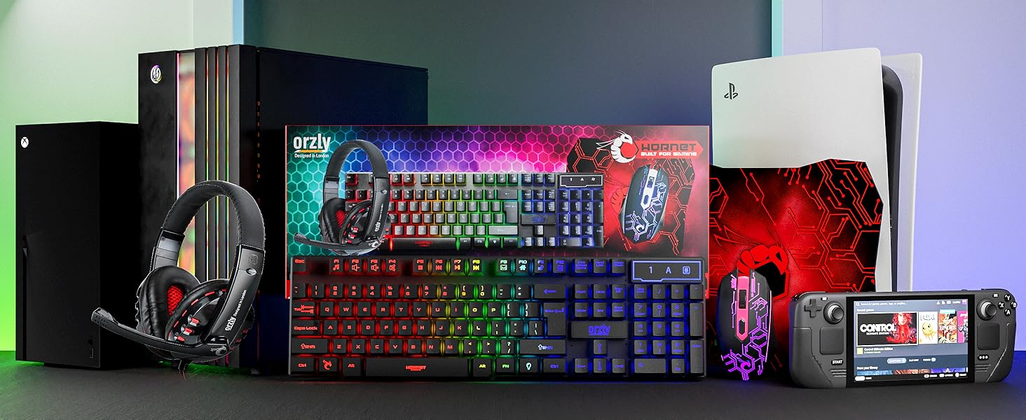 Ігровий набір Orzly RX250 4 в 1: клавіатура, миша, навушники та килимок для миші - RGB підсвічування, QWERTZ DE, чорний