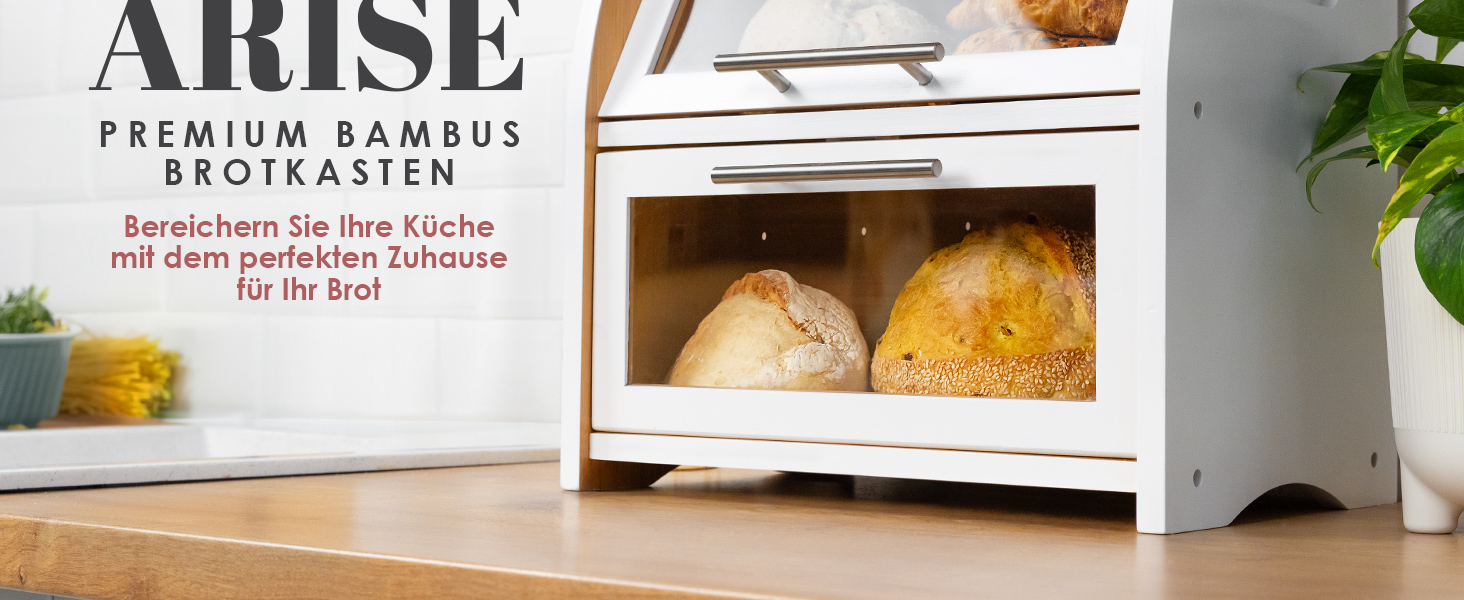 Бредониця Arise з вентиляцією, велика для зберігання хліба, 2 полиці та вікно, дерев'яна для хліба, булок, зберігання. 40 x 26 x 37, бамбук White, самостійна збірка