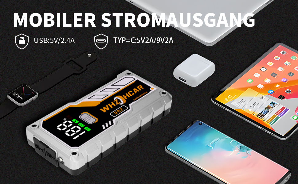 Powerbank Starthilfe 5000A з LCD екраном для автомобіля 12V. Зарядний пристрій для акумулятора авто з LED ліхтариком, підходить для 10л бензину або 9л дизеля. Срібний колір.