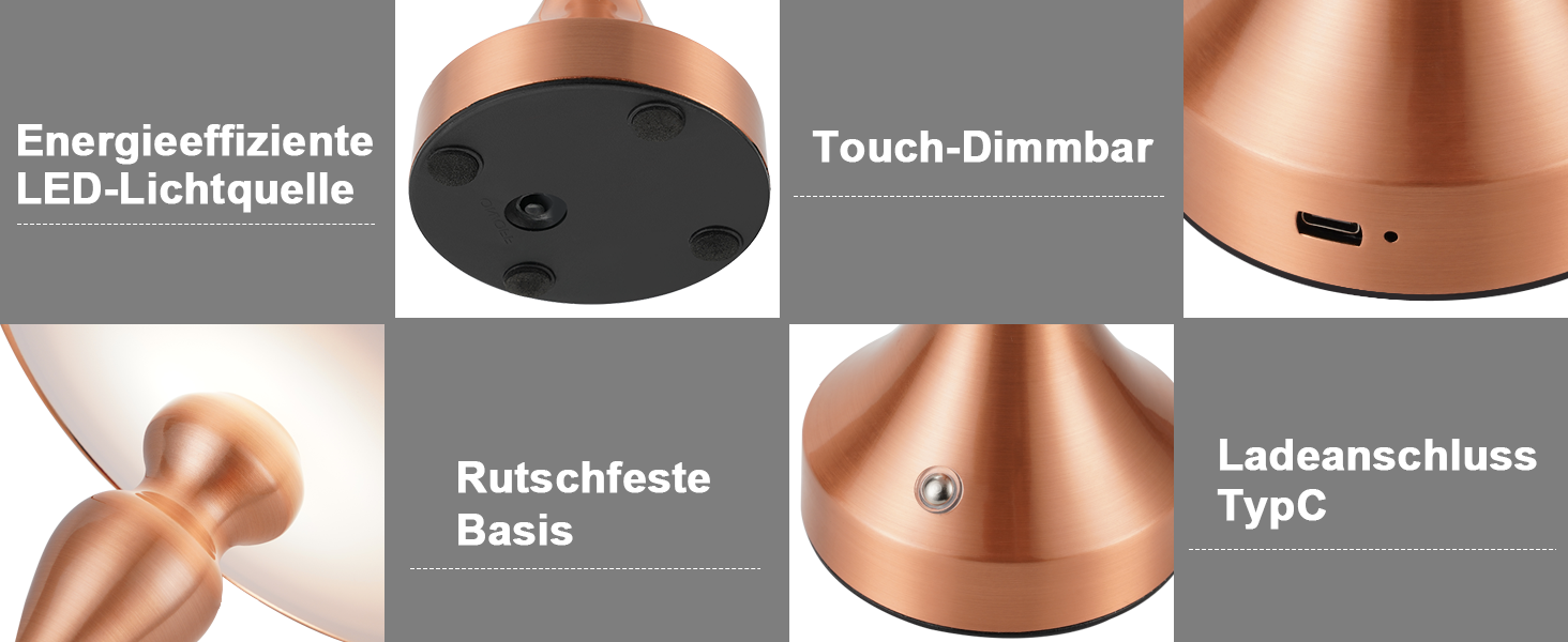 Бездротова настільна лампа з LED-підсвічуванням, сенсорне керування, регулювання яскравості, вінтажний стиль, USB-зарядка, нічник для спальні/вітальні (червоно-бронзова, 2 шт.)