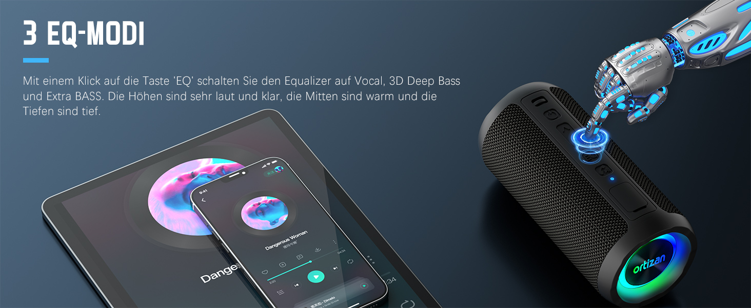 Портативна Bluetooth колонка Ortizan з підсвічуванням, IPX7 водонепроникність, подвійний бас, 30 годин роботи, функція гучного зв'язку, чорна