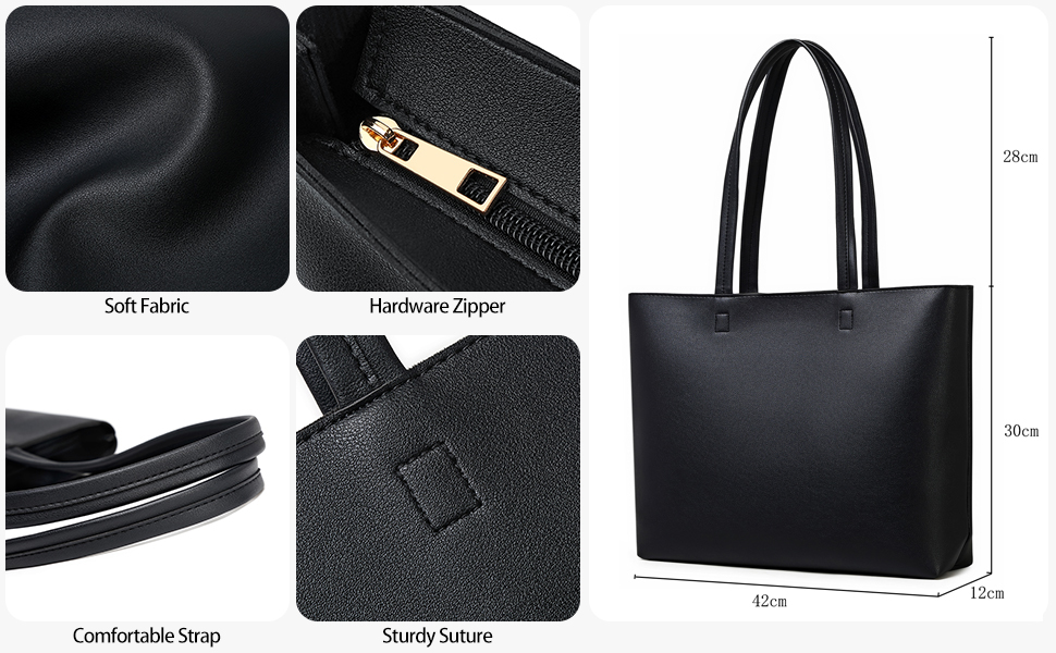Сумка жіноча шоппер Tote Bag з PU шкіри, чорна: для роботи, школи, покупок, з блискавкою та внутрішніми кишенями