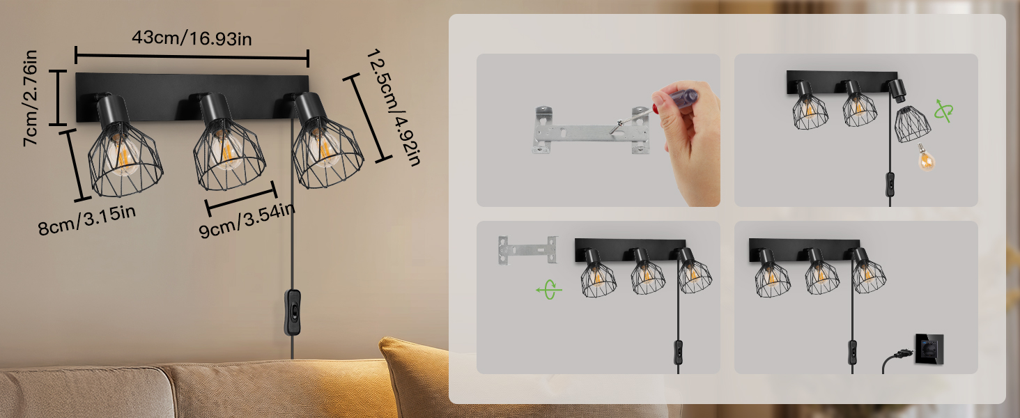 LED настінний світильник Kimjo з акумулятором, диммер, таймер, 3 лампи, E14, 2 шт. (Чорний)