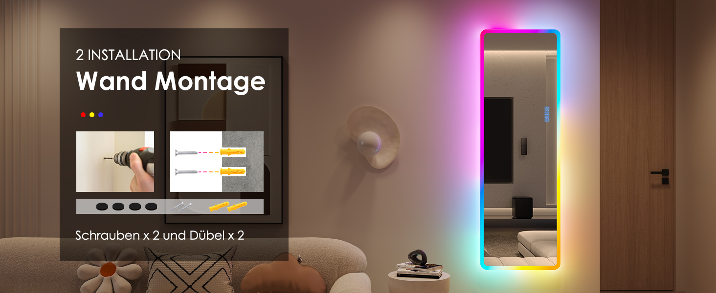 Дзеркало для тіла LVSOMT з підсвічуванням RGB, 120x40 см, настінне, для спальні, LED, сучасне, прямокутне, дзеркало над дверима