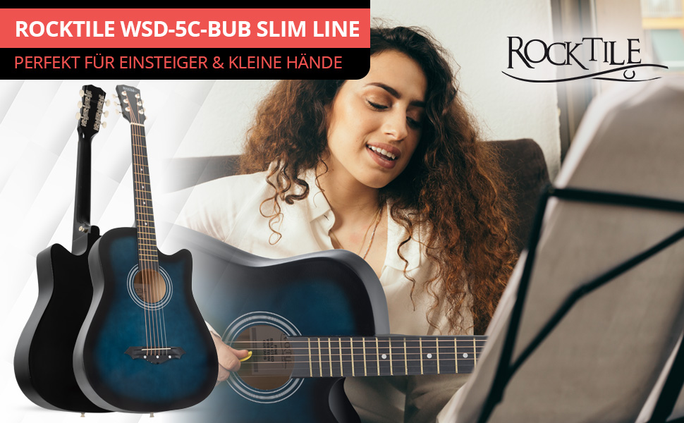 Rocktile WSD-5C-BUB: Акустична гітара Вестерн Slim Line - Комплект з чохлом, струнами, ремінком та медіатором - Blueburst