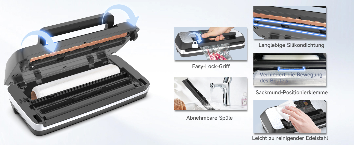 Вакуумний пакувальник OidoZac 85kPa, 12-в-1, з подвійною зварювальною лінією, вбудованим різаком та контейнером для пакетів, срібно-чорний