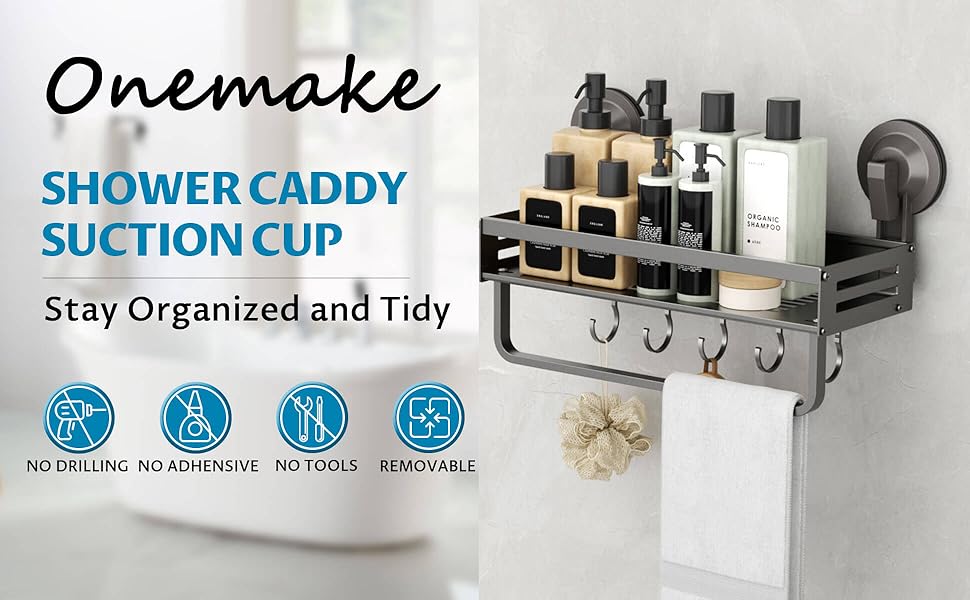 Поличка для душу Onemake з присосками, регульована, з гачками, органайзер для ванної кімнати з тримачем для рушників, матовий чорний (40 см, 1 шт.)