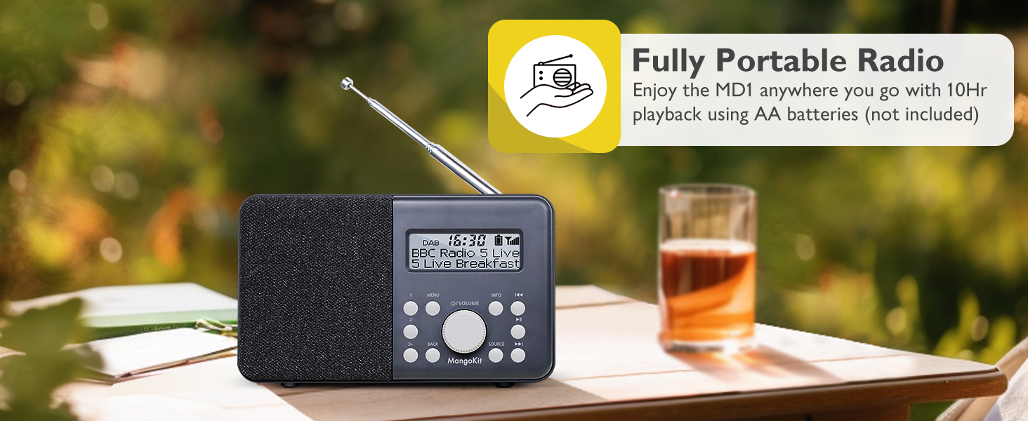 Портативне радіо MD3 DAB/DAB+/FM з Bluetooth, динамік, навушники, 40 станцій, годинник, будильник, таймер, кольоровий дисплей, акумулятор/мережа (Чорний/Сірий)