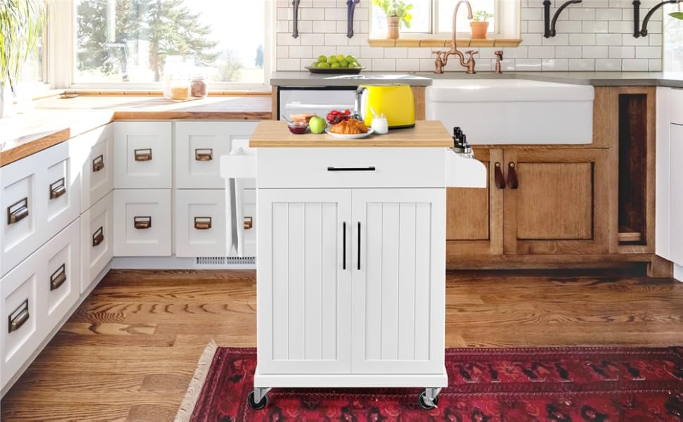 Кухонний візок Yaheetech на колесах з ящиком та 3 полицями, білий, 60x40x88,5 см