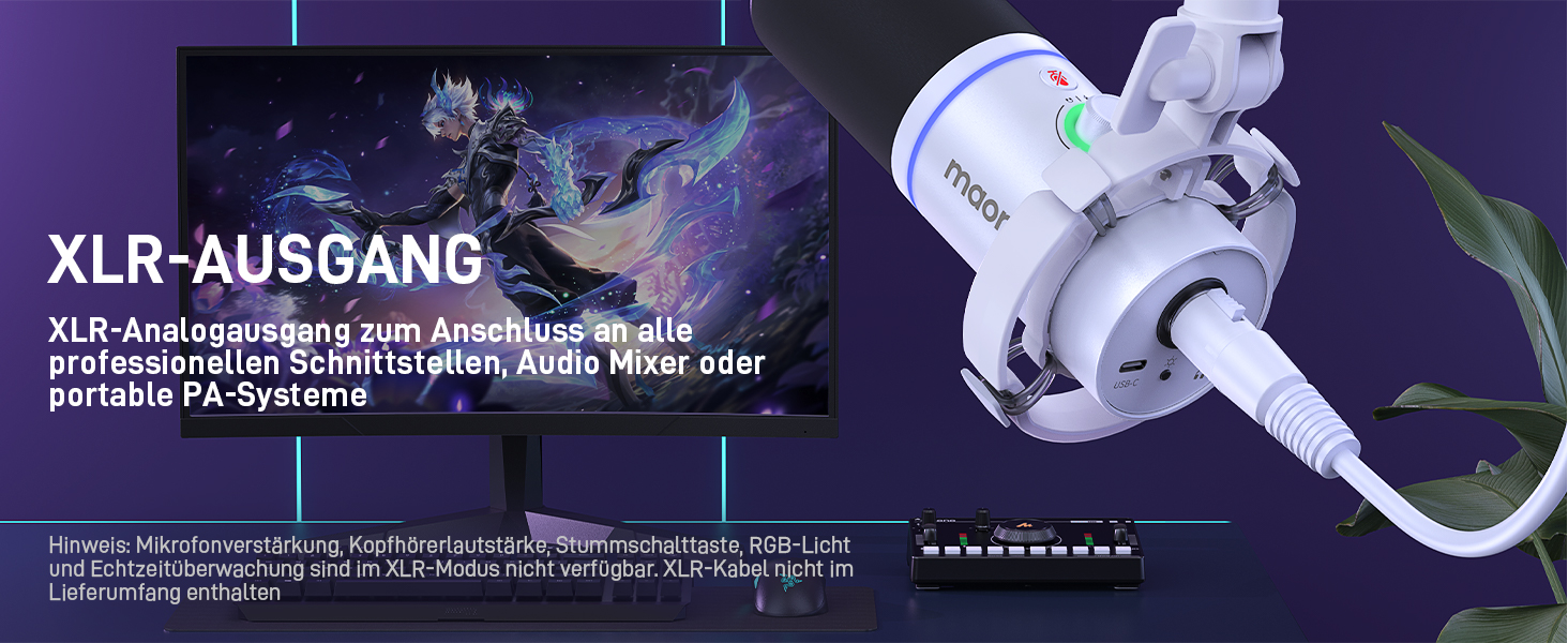 Мікрофон MAONO PD200XS XLR/USB з підсвічуванням RGB, комплект з кріпленням, програмним забезпеченням та регулятором гучності для запису, стрімінгу, геймінгу та Mac/PC