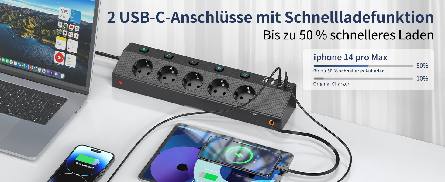 Настільний мережевий фільтр з 5 розетками та 2 USB-C (PD 30W), подовжувач з вимикачем, 4000W, кабель 2м, чорний