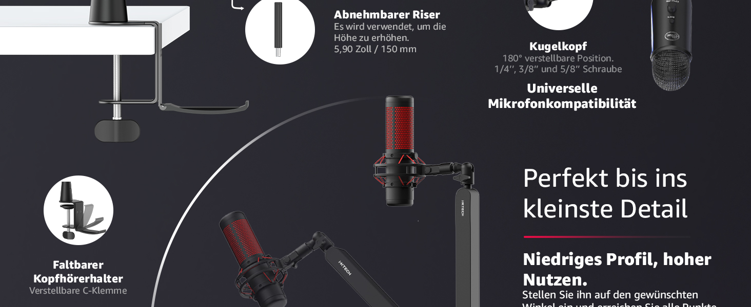 IXTECH Тримач для мікрофона – регульований, 360° обертання, стійкий, з нержавіючої сталі, для радіостудій, подкастів, геймінгу (Low Profile, lizard pro)
