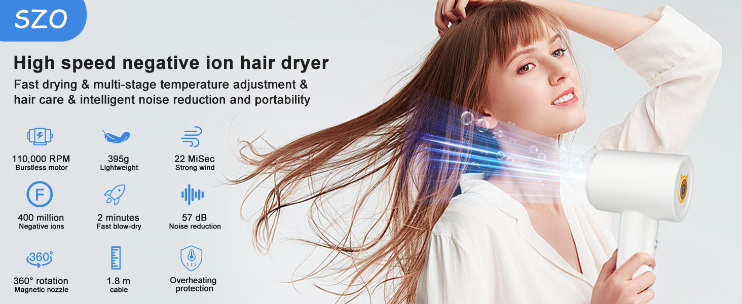 Супершвидкий фен Supersonic з іонізацією 200 млн негативних іонів, 110 000 обертів/хв безщітковий двигун, низький шум 57dB, інтелектуальний контроль температури для подорожей та дому (білий)