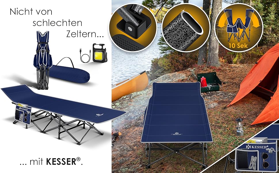 Кемпінгове ліжко KESSER®: складане, портативне, з сумкою та світлом, до 250 кг, міцний метал, оксфорд 600D