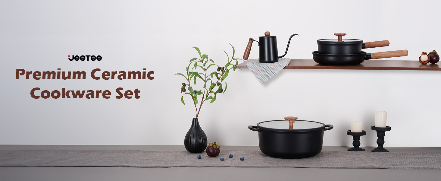 Набір посуду JEETEE 17 предметів з антипригарним покриттям Ceramic, набір каструль та сковорідок з знімними ручками, для всіх типів плит, сумісний з духовкою