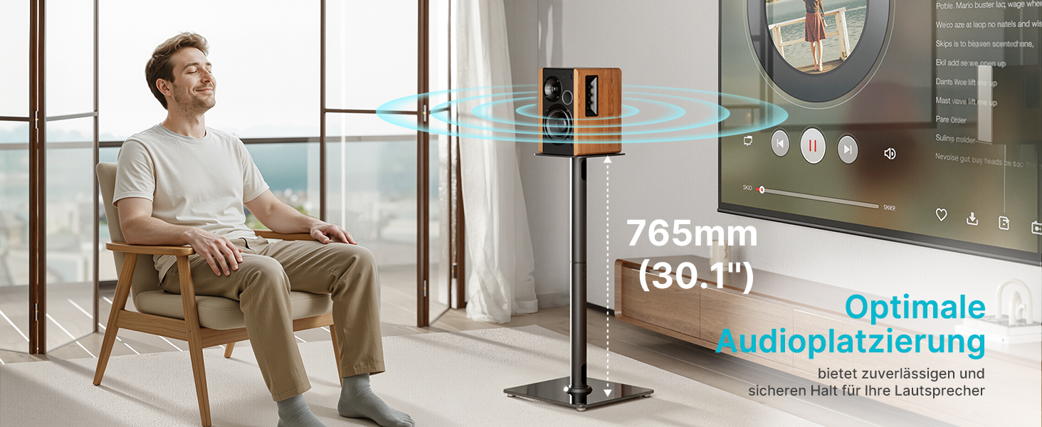 Підставка для акустики саундбару, універсальна, чорна, 76.5 см, 25 кг, з кабелеуправлінням та скляною основою (1 шт.)