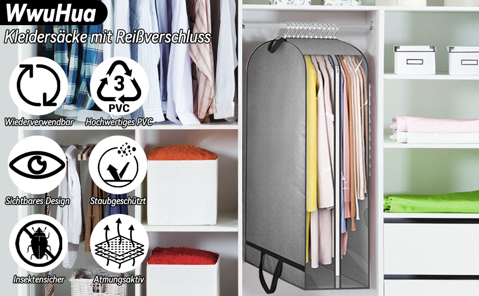 Чохли для одягу 2 шт. WwuHua, 110*60*25 см, сірі, з блискавкою, для костюмів, вечірніх суконь, пальто, жакеток