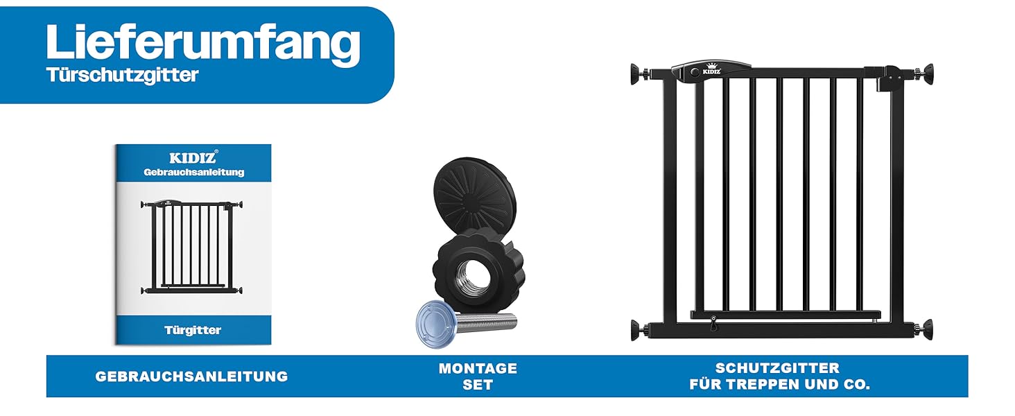 Захист для сходів KIDIZ без свердління | Ширина регулюється: 74-80 см, висота 75 см | Захист для дітей та собак, двостороннє відкривання однією рукою, система Open-Stop 90°, (Чорний, 102 - 108 см)