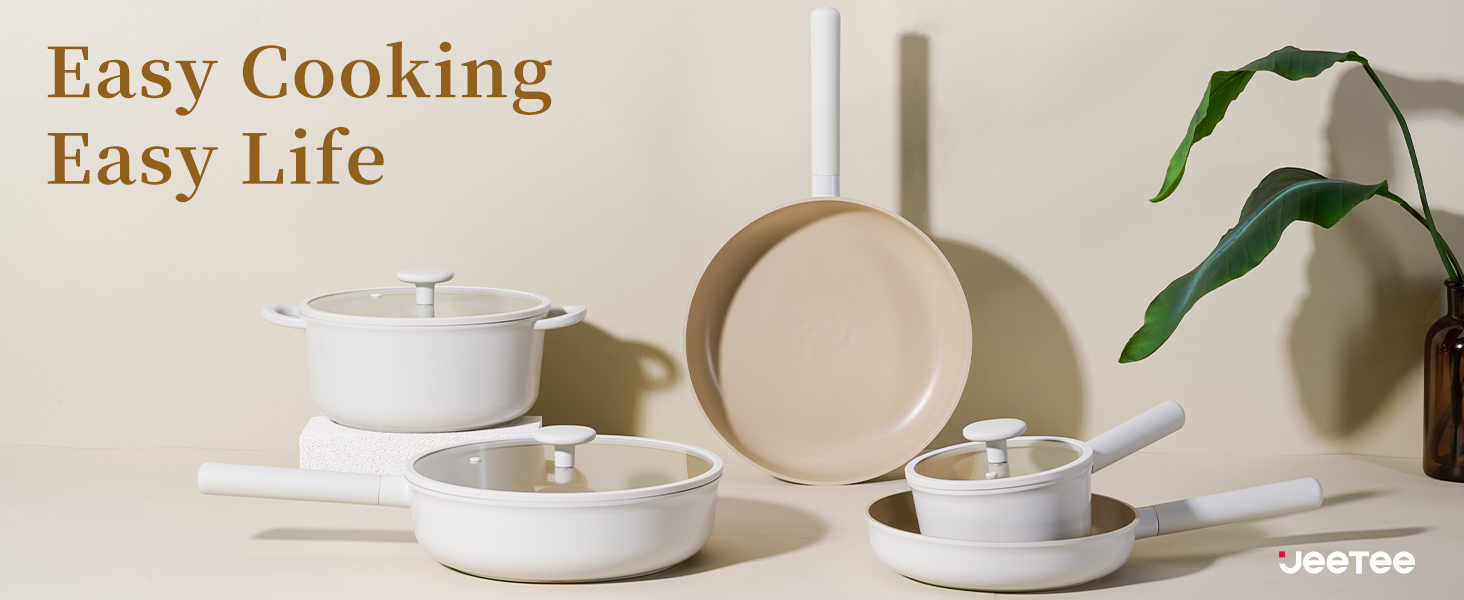 Набір посуду JEETEE 17 предметів з антипригарним покриттям Ceramic, знімні ручки. Комплект каструль та сковорідок 16/20/24/28 см, глибока сковорода 28 см. Підходить для всіх типів плит, можна використовувати в духовці.