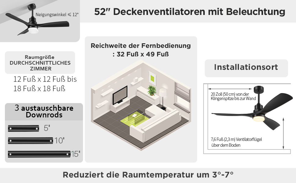 Стеляний вентилятор з підсвічуванням та пультом дистанційного керування, тихий DC двигун, 132 см/52 дюйми, 3 дерев'яних лопаті, таймер, 6 швидкостей, сертифікований ETL, режим літо/зима для спальні (132 см/52 дюйми, Чорний)