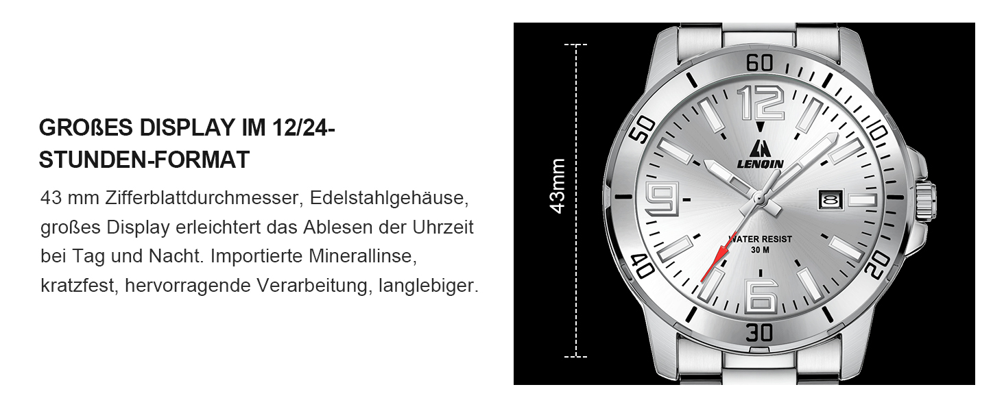 Годинник чоловічий LN LENQIN з нержавіючої сталі, водонепроникний, з датою, кварцовий, аналоговий, білий (сріблястий)