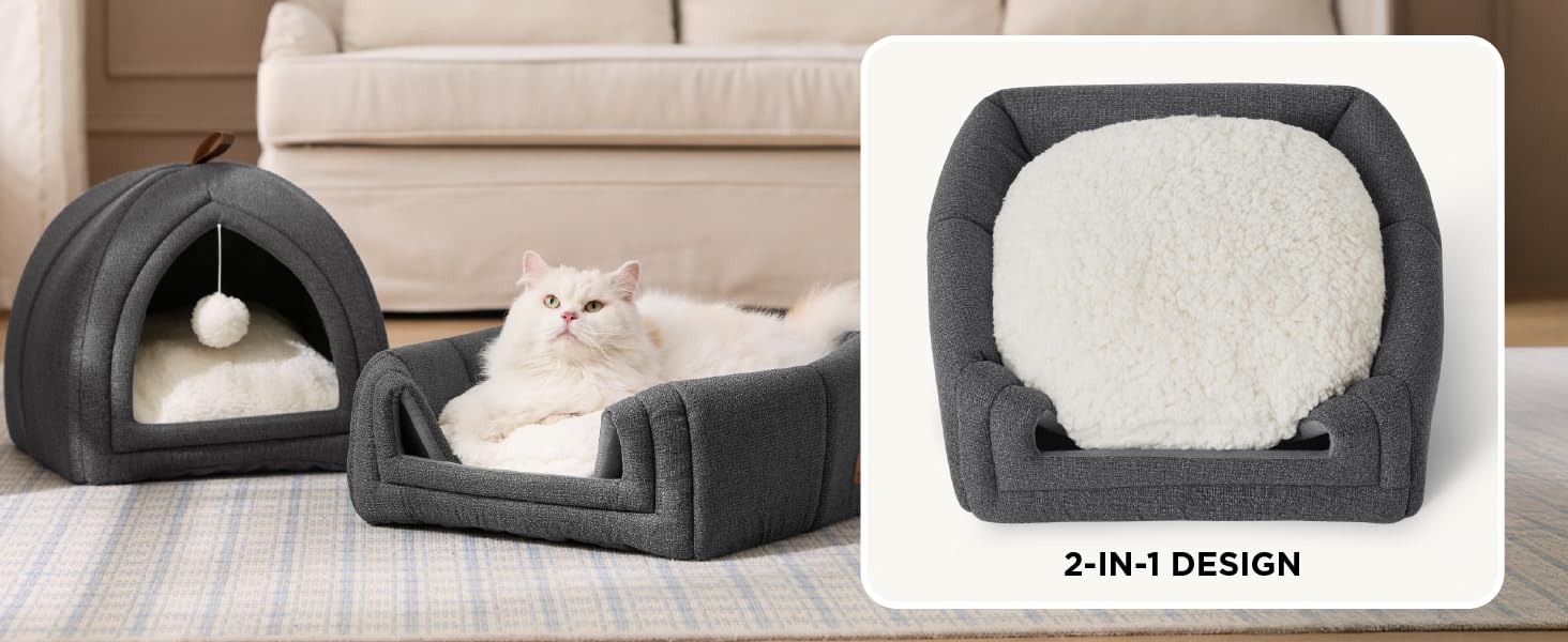 Ліжко для котів BEDSURE велике, 44x44x44 см, хатинка для котів, з м'якою подушкою Sherpa та іграшкою, миється, бежеве