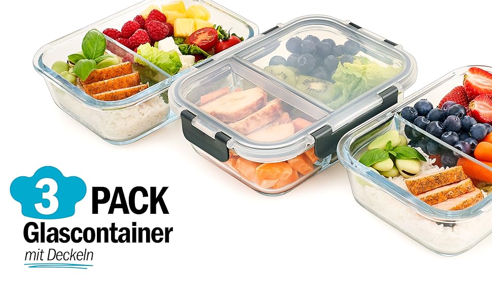 Набір контейнерів для їжі Igluu Meal Prep (3 шт.) – 980 мл, з боросилікатного скла, з 3 відділеннями, BPA-free, для мікрохвильовки, духовки, морозильника, посудомийної машини, витікання неможливе