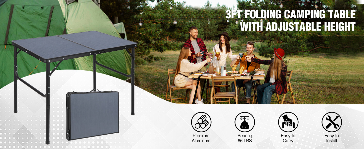 Складний кемпінговий стіл REDCAMP з регульованою висотою 90x60 см, чорно-сірий - для дому, балкону, пікніка