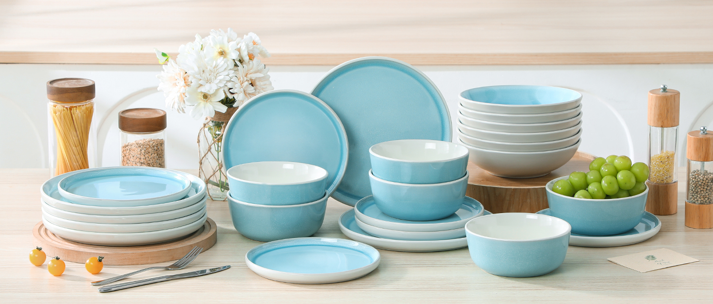 Набір посуду Steingut 18 предметів vancasso ELBA для 6 осіб, сучасний посуд у бірюзовому кольорі (6 тарілок, 6 мисок, 6 десертних тарілок)