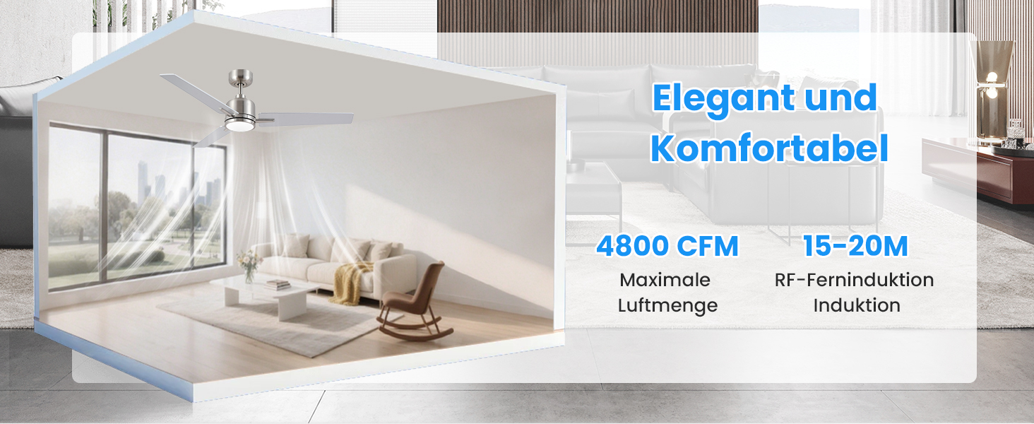 Стеляний вентилятор Newday білий, 122 см з підсвіткою та пультом керування. Безшумний вентилятор для стелі з лампою, регульована яскравість, DC мотор, реверсивний для спальні та вітальні (107-silber-holz)