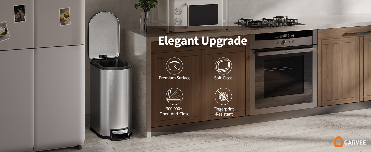 Сміттєвий відер GarveeHome для ванної кімнати з педаллю та кришкою SoftClose, нержавіюча сталь, 10 л, водонепроникний вузький дизайн