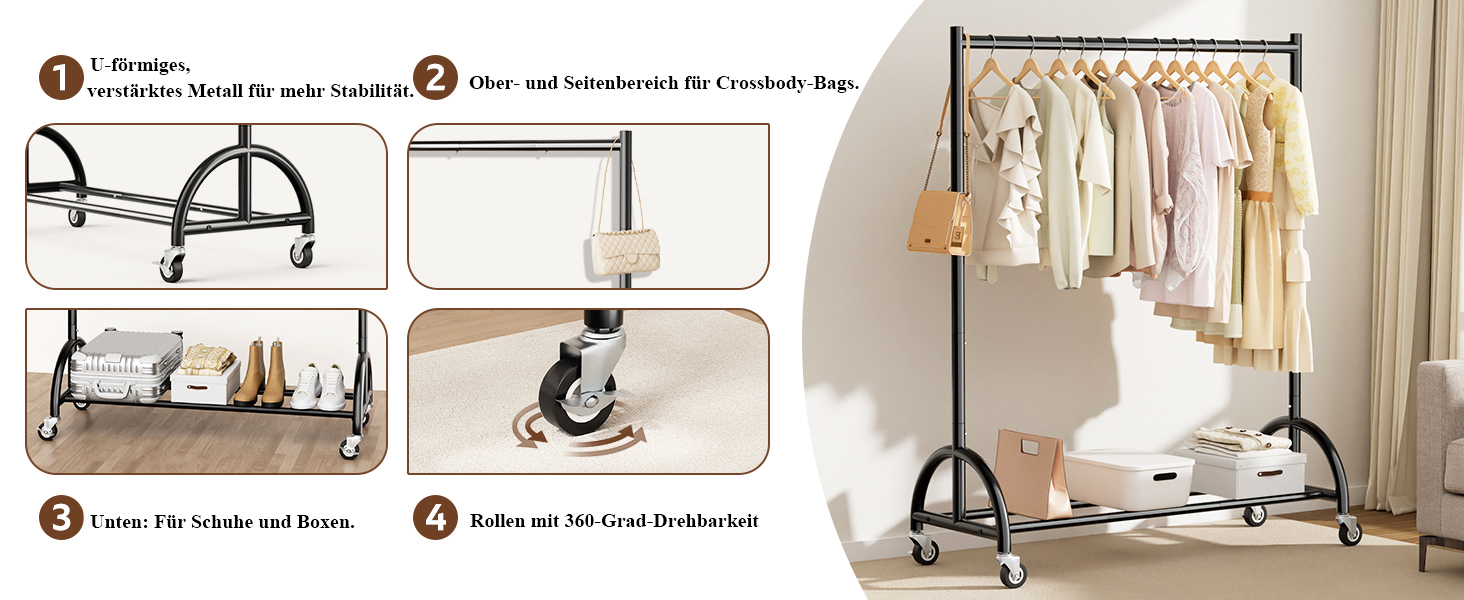 Міцний вішак для одягу на колесах MISSLO для спальні, металевий, з полицею - мобільна вішалка для одягу, пальто, чорний