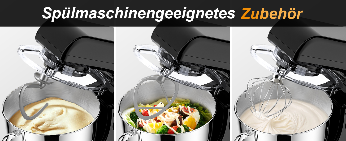 Планетарний кухонний комбайн-міксер 1300W, чаша з нержавіючої сталі 5.5л, 10 швидкостей, з насадками (гак, вінчик, міксер) та захистом від бризок, чорний