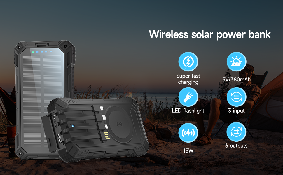 Портативний зарядний акумулятор Solar Powerbank 56800mAh з сонячною панеллю, PD 30W, USB-C, бездротова зарядка 15W, LED-індикатор, ліхтарик, 3 порти (2 USB та 1 Type-C), 4 кабелі, для активного відпочинку, чорний