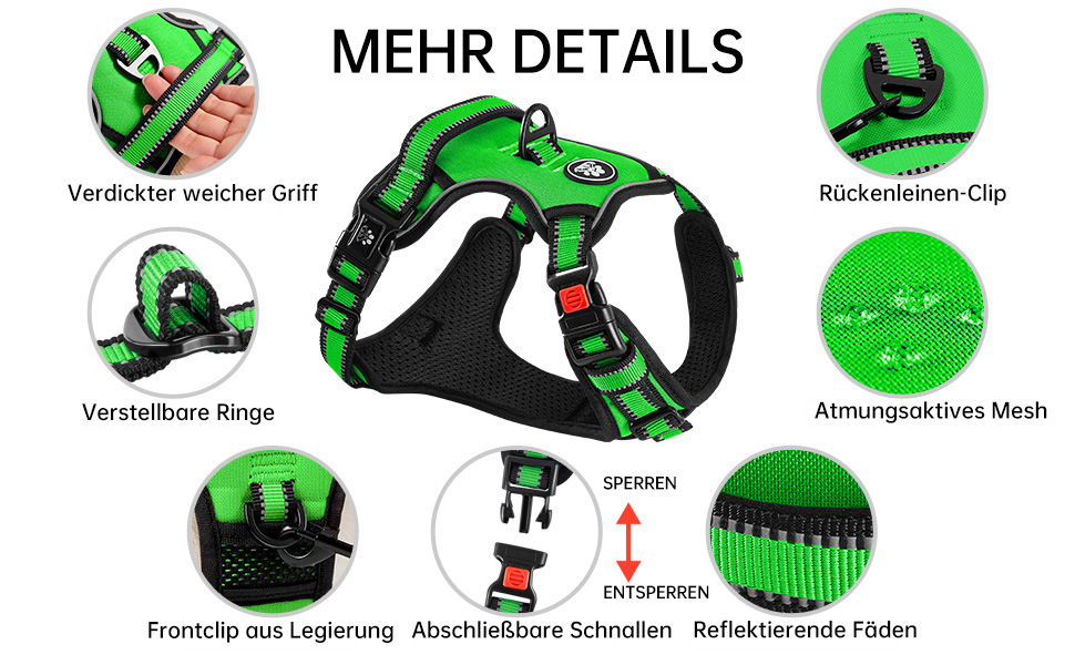 Шлейка для собак середнього розміру NESTROAD, розмір M, протисмикова, для собак середніх порід, обхват шиї 33-43 см, обхват грудей 43-64 см, безпечна, з підкладкою, зелена