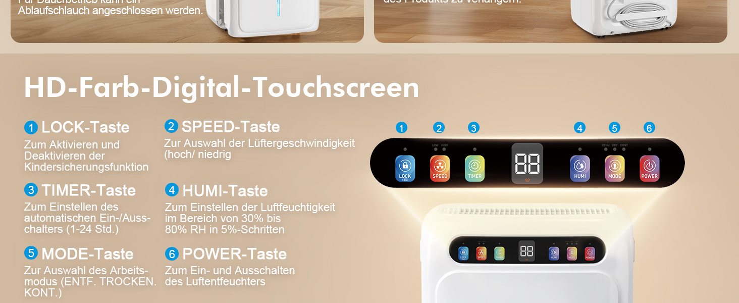 Електричний осушувач повітря з функцією сушіння білизни, тихий, з автоматичним контролем вологості, таймером, шланг 1м, для квартири до 120 м³, гарантія 10 років (20л)