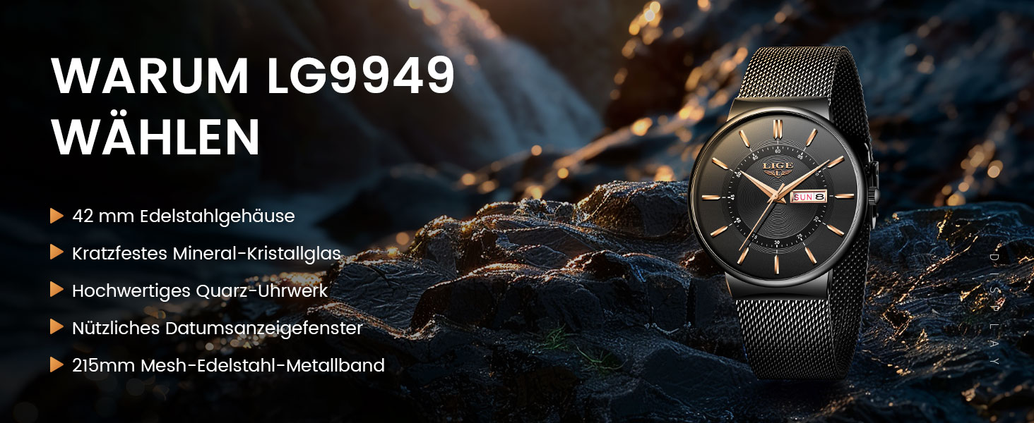 Годинник чоловічий LIGE з датою, водонепроникний, з нержавіючої сталі, аналоговий, вінтажний, кварцовий, чорний, для бізнесу, класичний, простий, з нержавіючої сталі, чоловічий годинник