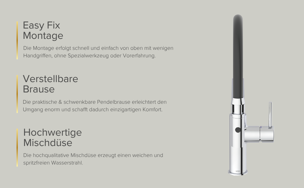 Кухонний змішувач Lenz NALU - матовий, з висувною лійкою, 2 режими, економія води, антижир, монтаж зверху, 46070422 (хром)