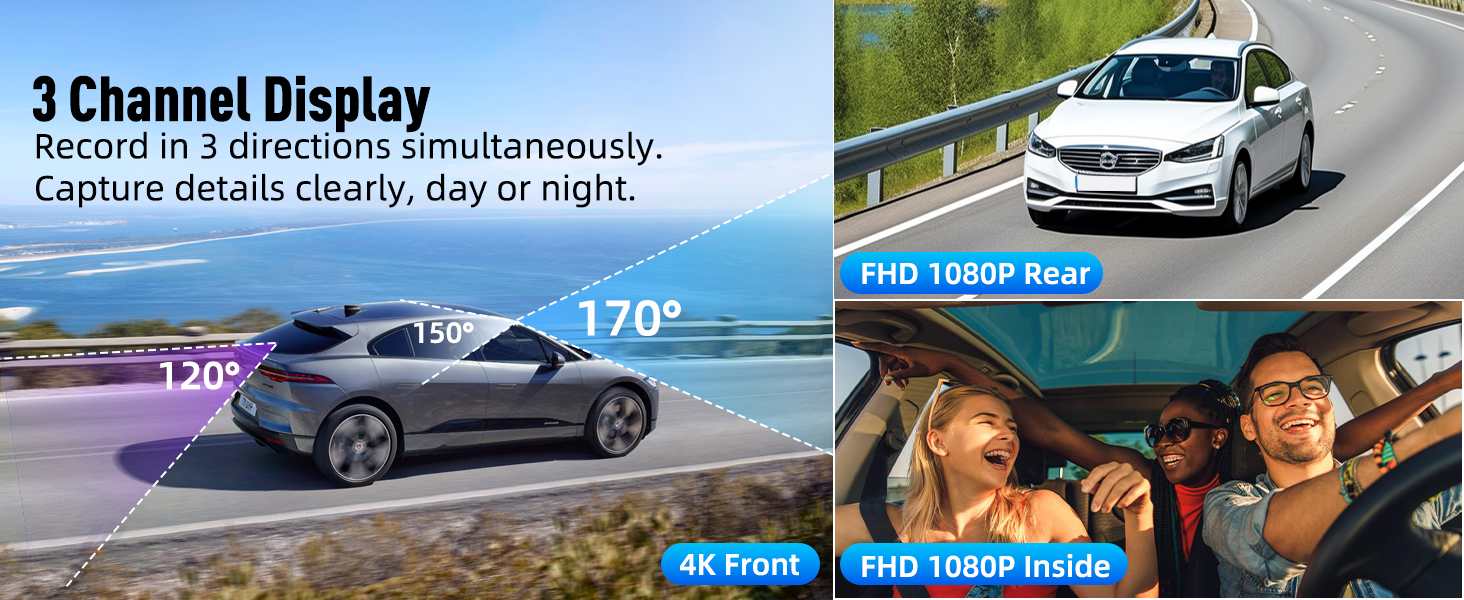Автомобільний відеореєстратор 3-в-1 (передній, внутрішній та задній), 4K+1080P+1080P, 5GHz WiFi, IPS екран 3.16