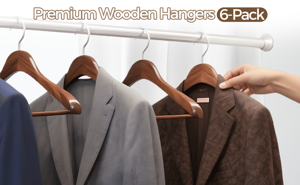 Набір дерев'яних вішалок Premium з широкими плечима (6 шт.) з обертовими гачками | Для пальто, курток, суконь | Натуральне дерево, вінтажний стиль