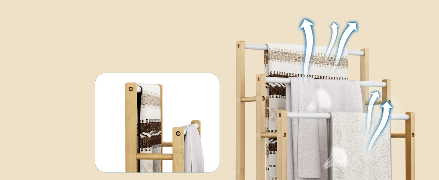 Підставка для рушників Dripex з бамбука, 96 см, з 3 нержавіючими стійками та полицею для ванної кімнати