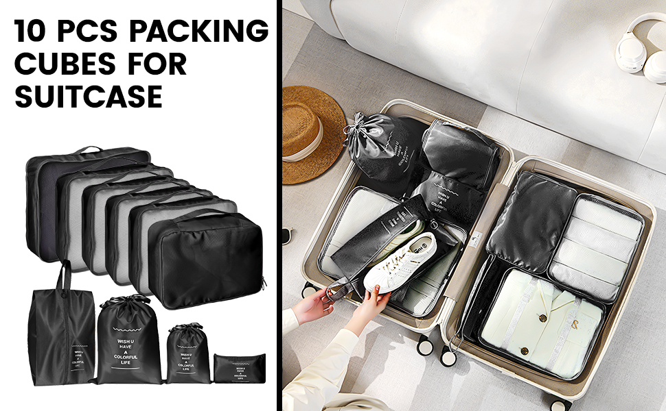 Органайзер для валізи Zorplex, набір 10 шт: кубики для пакування, аксесуари для подорожей, чохли для одягу, взуття та косметики (чорний)