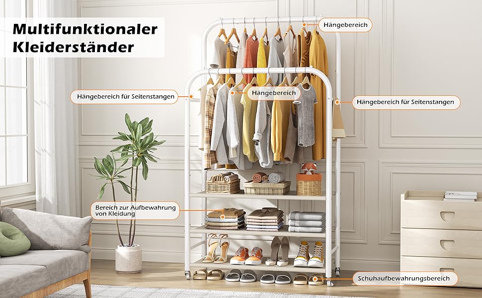 Вішалка для одягу HOMIDEC з 3 полицями, подвійна штанга на колесах, металевий каркас, біла - до 80 кг