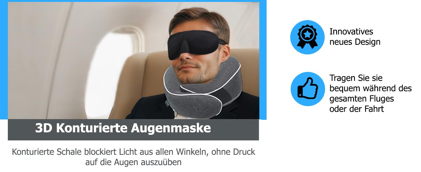 Подушка для шиї Proglobe, 100% Memory Foam, ортопедична, для подорожей (літак, авто, поїзд), з 3D-маскою для сну, сітчаста сумка (темно-сіра)