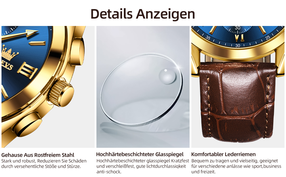 Чоловічий годинник OLEVS Vintage з шкіряним ремінцем, велике циферблат, водостійкий, аналоговий годинник з датою (2872, блакитний циферблат/коричневий ремінець)