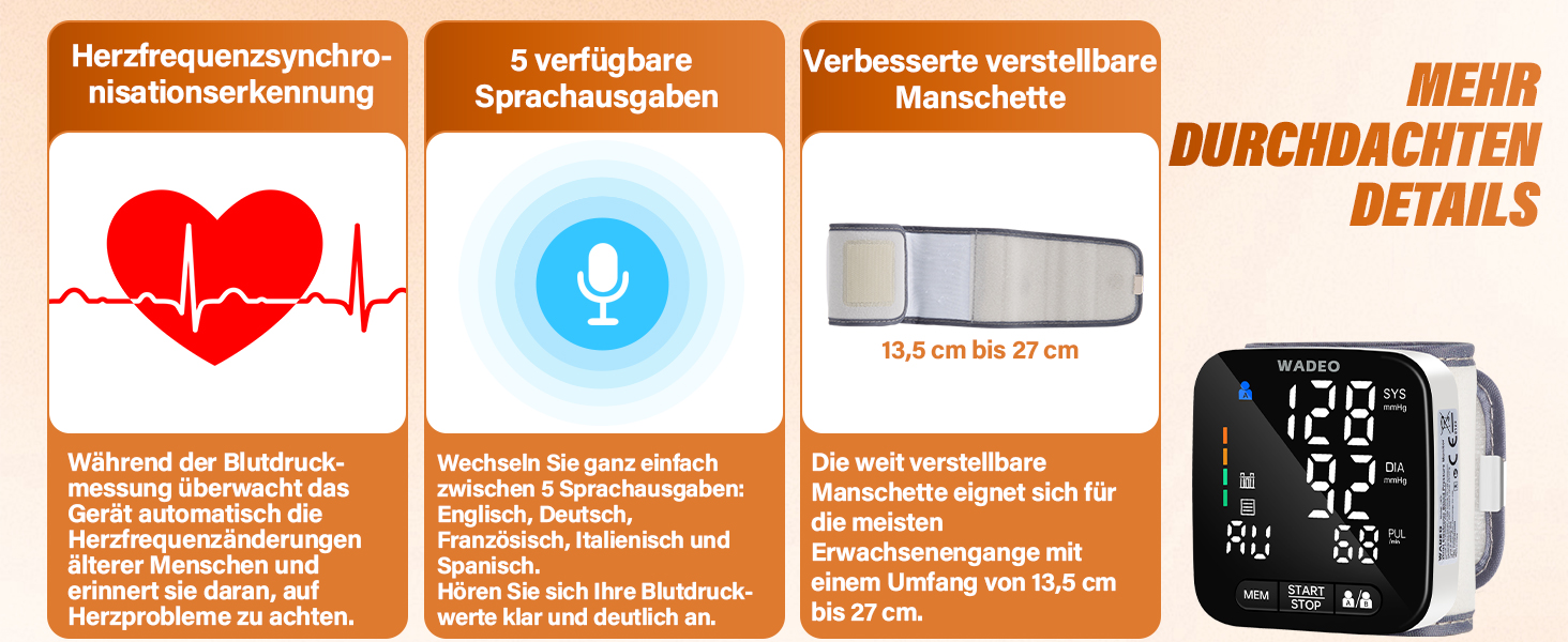 Цифровий тонометр WADEO на зап'ясті, оголошення 5 мовами, виявлення аритмії, портативний тонометр для дому та в дорогу, 2 x 99 пам'ять, з батарейками та коробкою для зберігання, білий