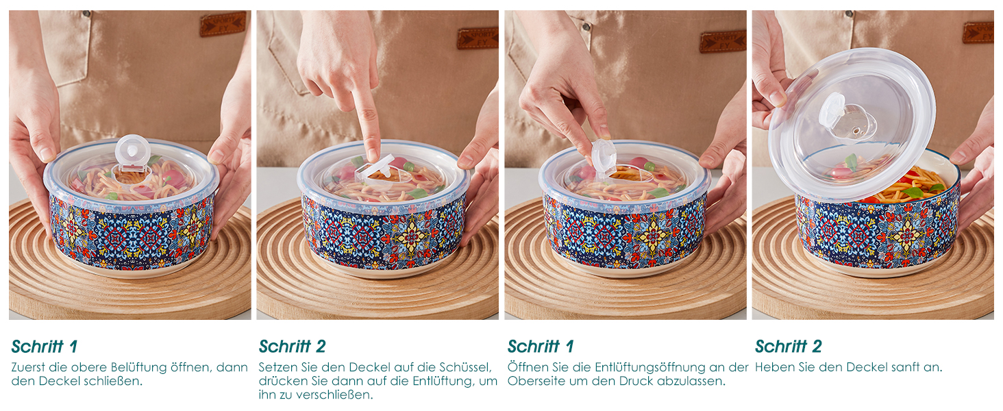 Набір супових та салатних мисок Vancasso (4 шт.) з кришкою, кераміка, 300/600/1080/1800 мл - для обіду, пікніка, кухні